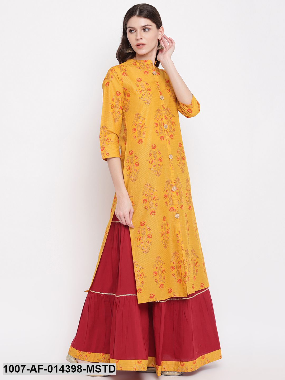 Floral Print Cotton Straight kurta Skirt Set (Mustard,Maroon) (Pre-Order)