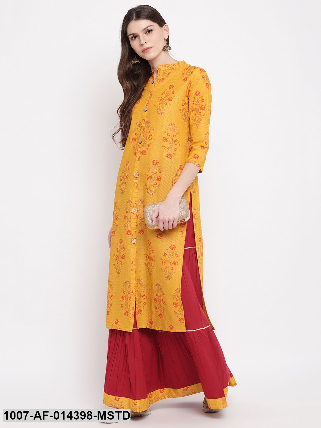 Floral Print Cotton Straight kurta Skirt Set (Mustard,Maroon) (Pre-Order)