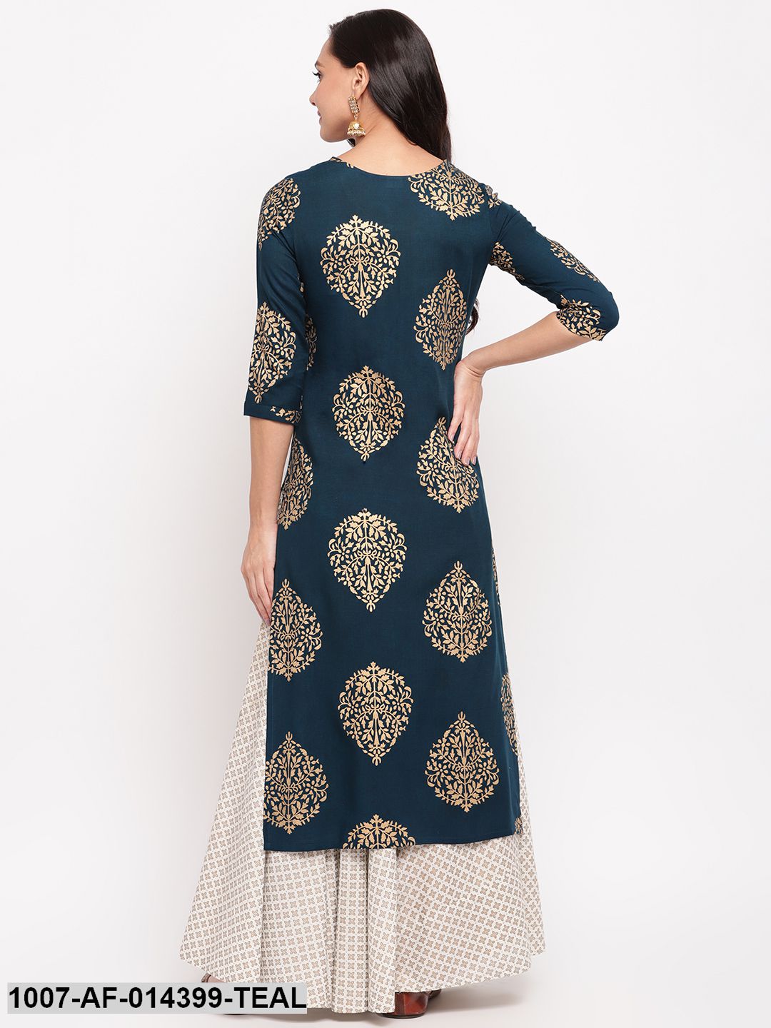 Gold Print Rayon Straight kurta Skirt Set (Blue,White) (Pre-Order)