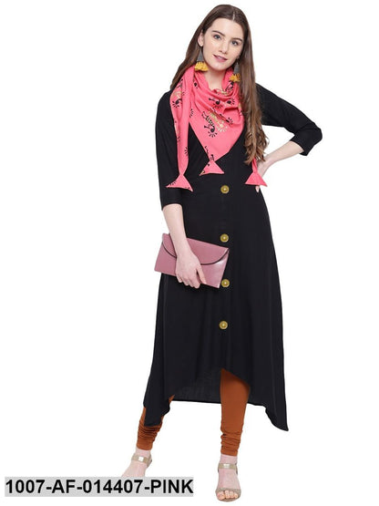Solid Rayon Asymmetric Kurta with Stole (Black) (Pre-Order)
