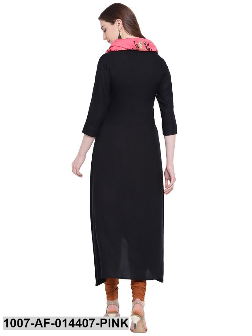 Solid Rayon Asymmetric Kurta with Stole (Black) (Pre-Order)