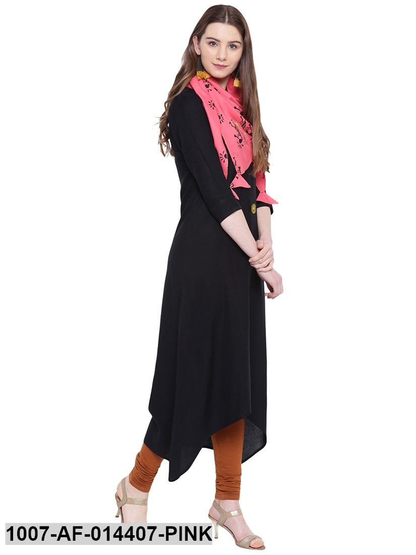 Solid Rayon Asymmetric Kurta with Stole (Black) (Pre-Order)