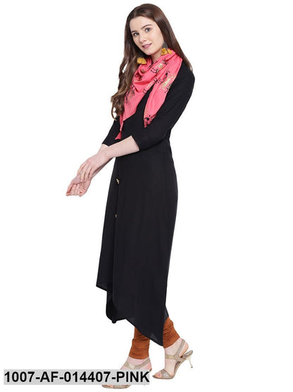 Solid Rayon Asymmetric Kurta with Stole (Black) (Pre-Order)