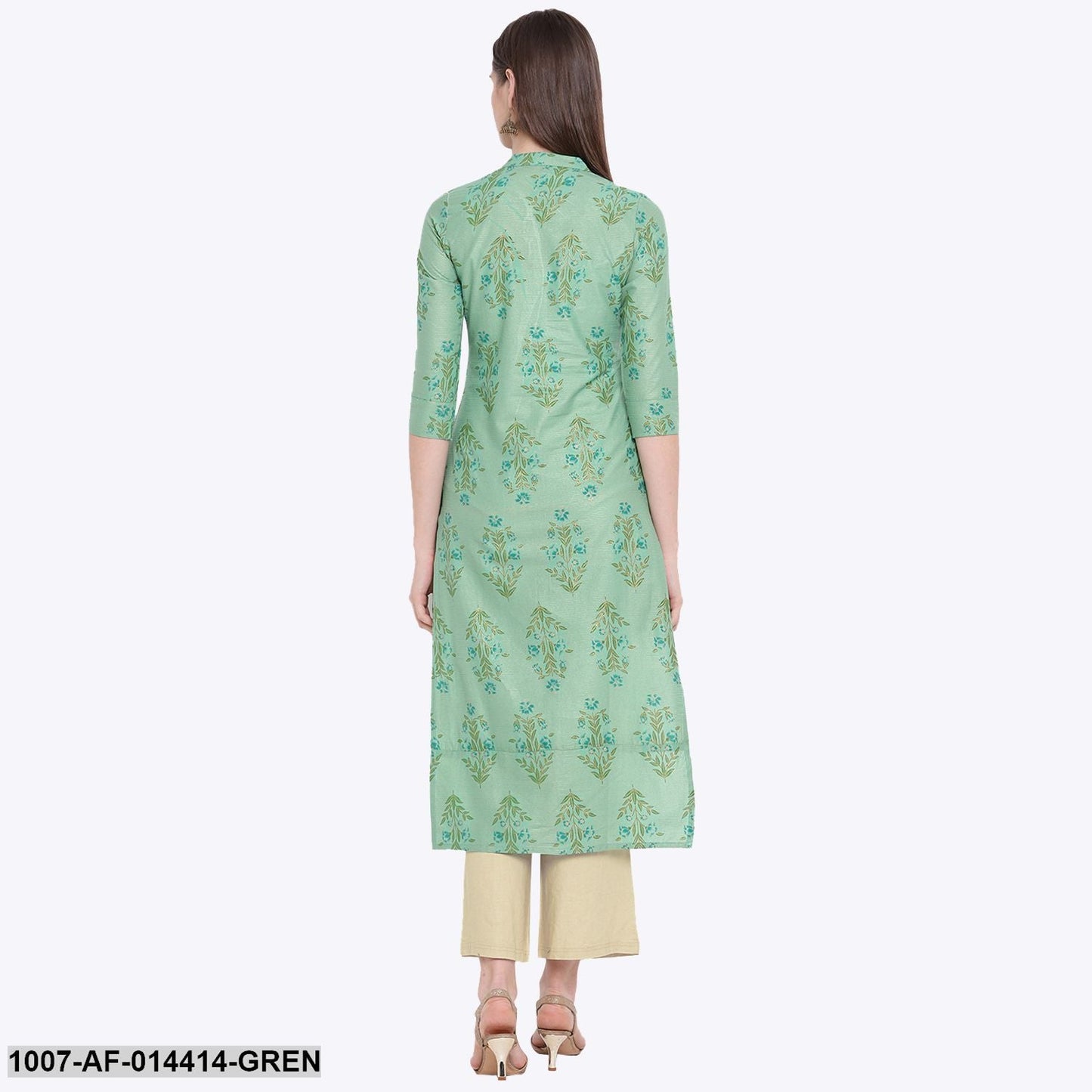 Floral Print Cotton Straight Kurta Pant Set (Green,Beige) (Pre-Order)