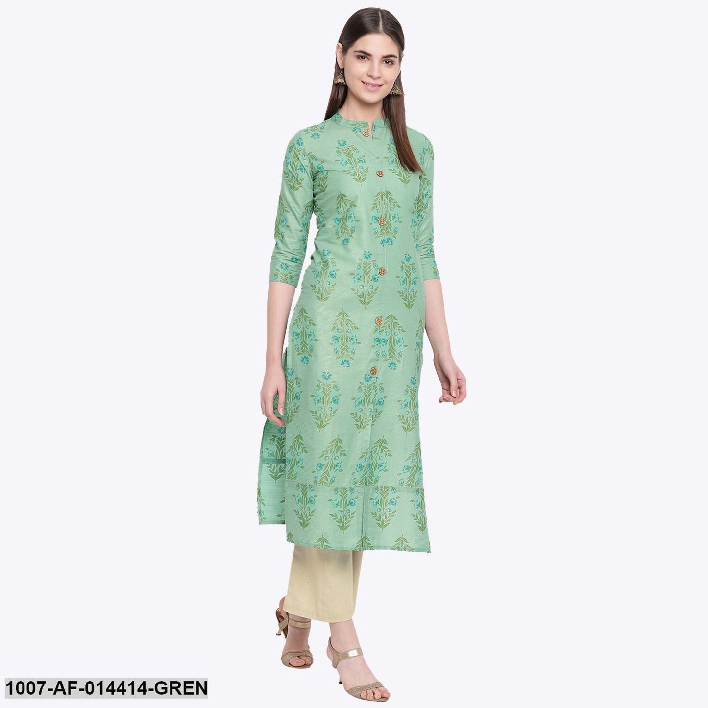 Floral Print Cotton Straight Kurta Pant Set (Green,Beige) (Pre-Order)