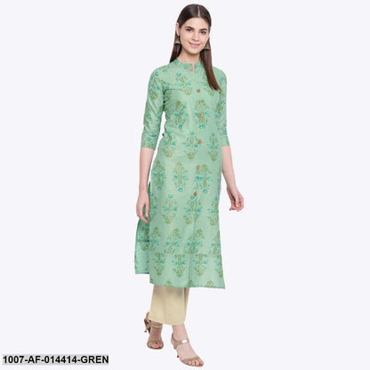 Floral Print Cotton Straight Kurta Pant Set (Green,Beige) (Pre-Order)