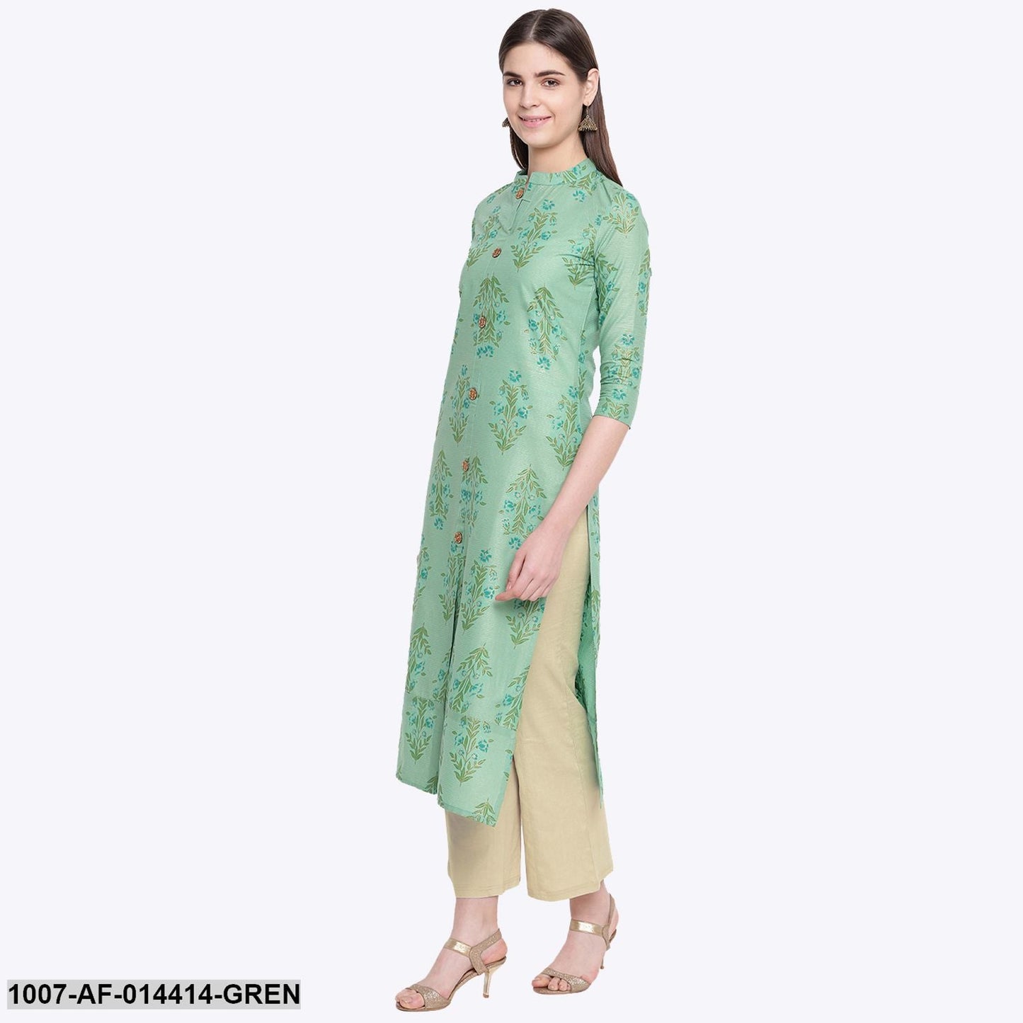 Floral Print Cotton Straight Kurta Pant Set (Green,Beige) (Pre-Order)