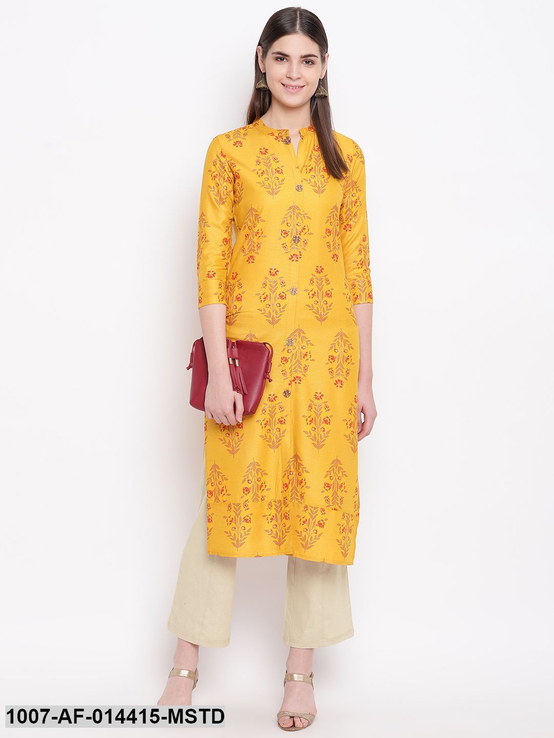 Floral Print Cotton Straight Kurta Pant Set (Mustard,Beige) (Pre-Order)