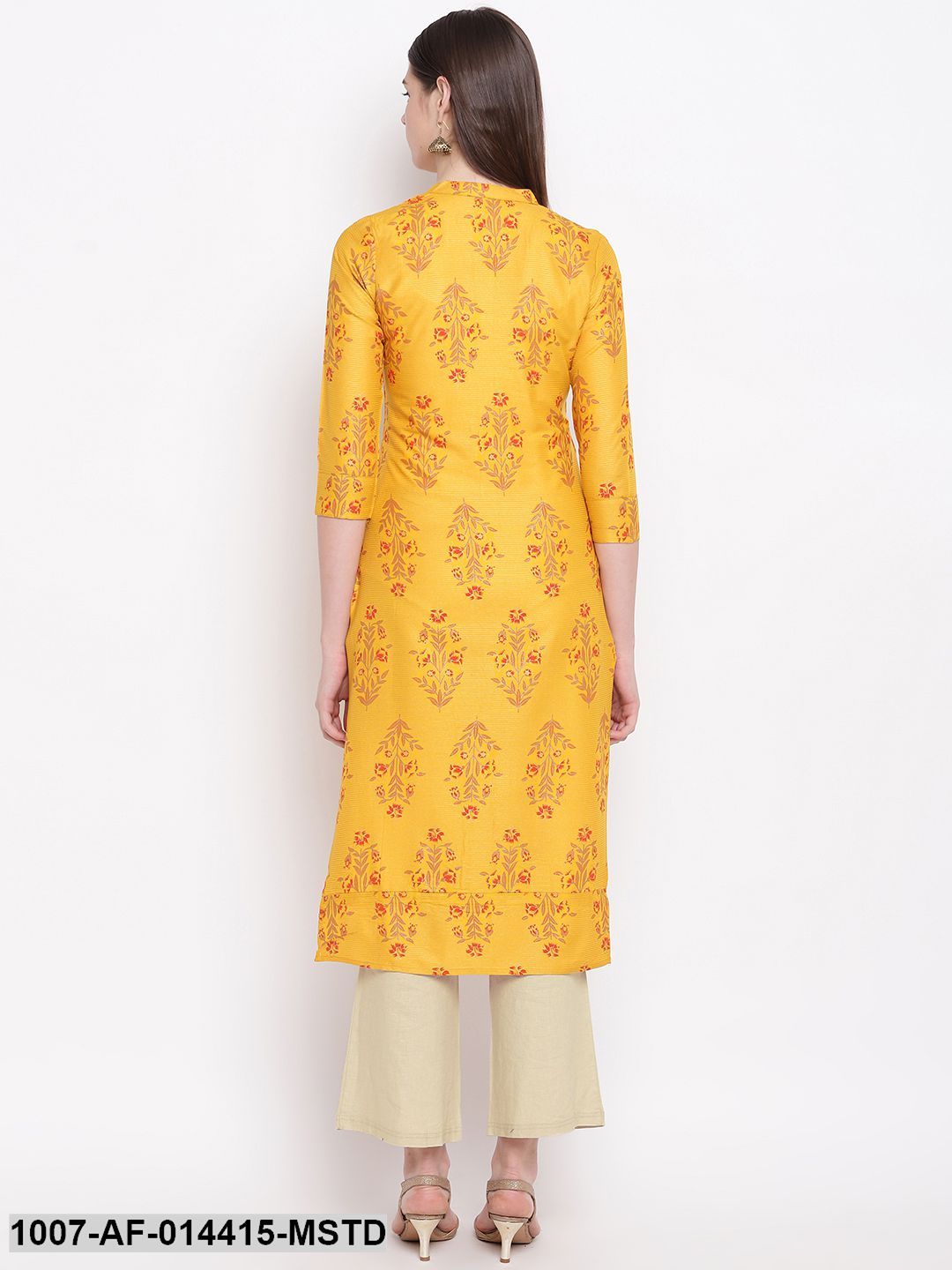 Floral Print Cotton Straight Kurta Pant Set (Mustard,Beige) (Pre-Order)