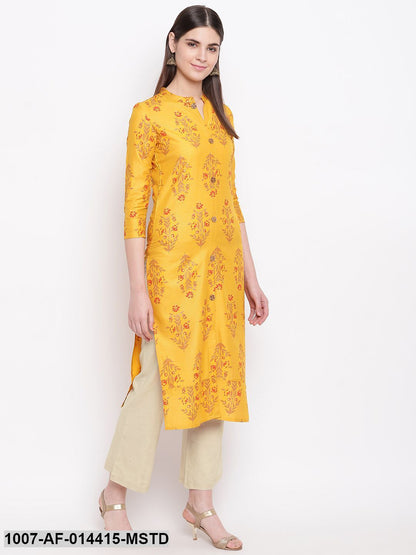 Floral Print Cotton Straight Kurta Pant Set (Mustard,Beige) (Pre-Order)