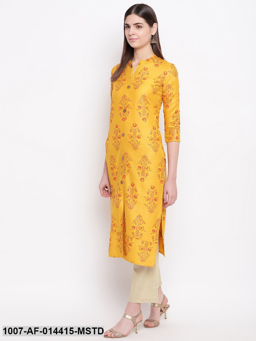 Floral Print Cotton Straight Kurta Pant Set (Mustard,Beige) (Pre-Order)