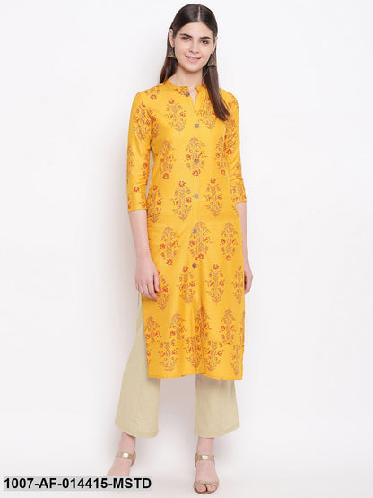 Floral Print Cotton Straight Kurta Pant Set (Mustard,Beige) (Pre-Order)