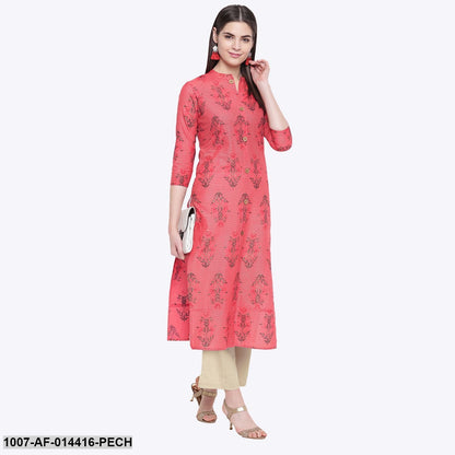 Floral Print Cotton Straight Kurta Pant Set (Peach,Beige) (Pre-Order)