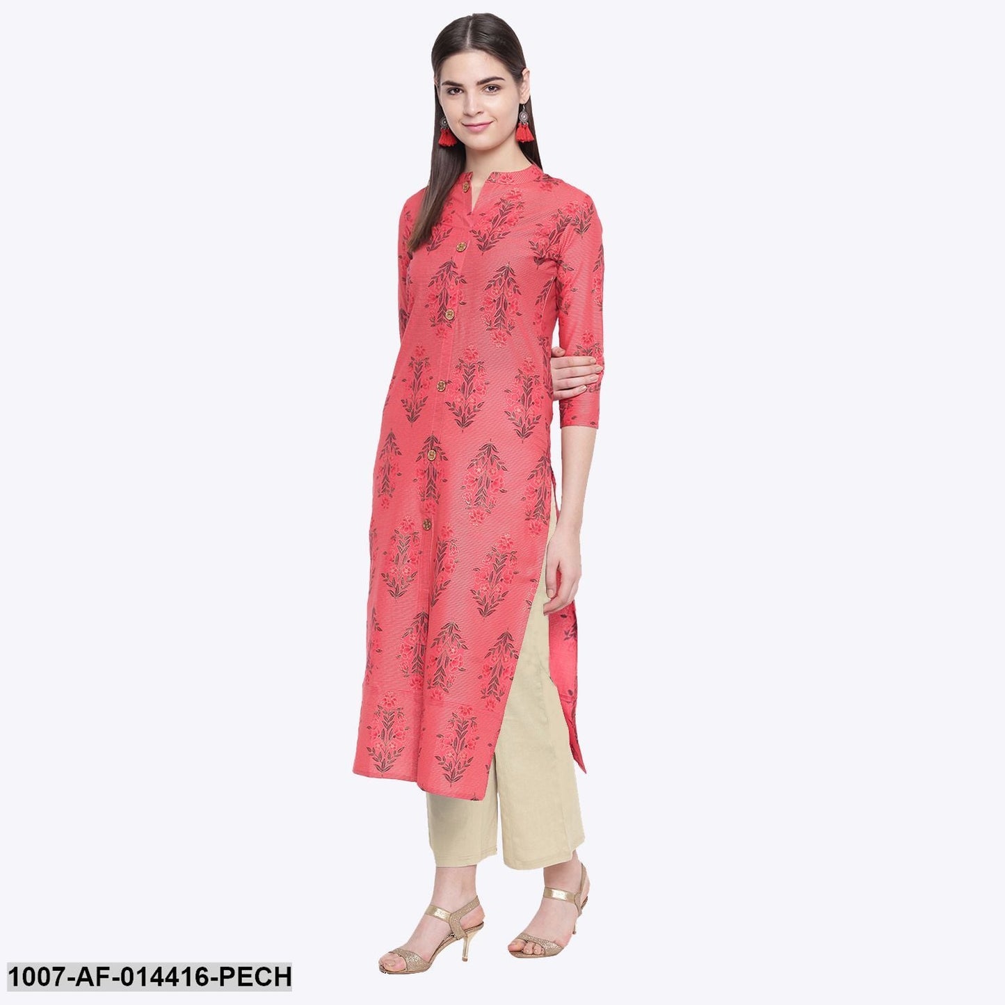 Floral Print Cotton Straight Kurta Pant Set (Peach,Beige) (Pre-Order)