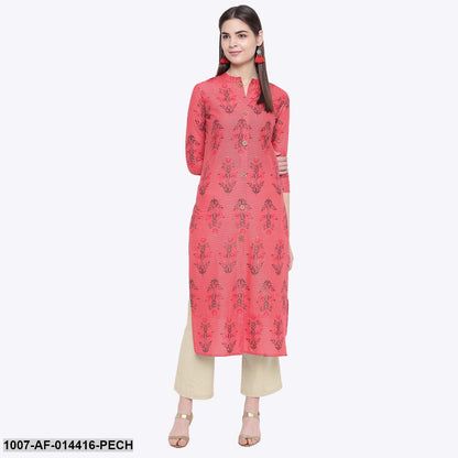 Floral Print Cotton Straight Kurta Pant Set (Peach,Beige) (Pre-Order)