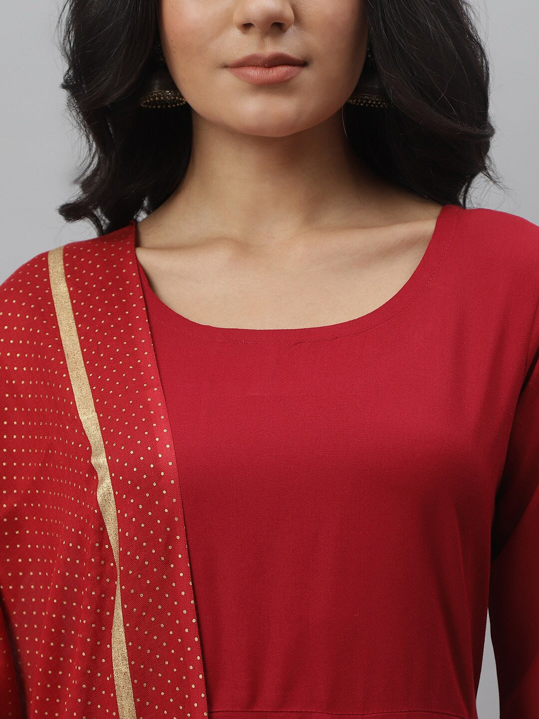 Gold Print Rayon Flared Kurta Dupatta Set (Maroon) (Pre-Order)