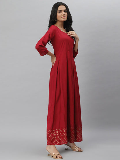 Gold Print Rayon Flared Kurta Dupatta Set (Maroon) (Pre-Order)