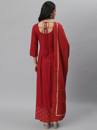 Gold Print Rayon Flared Kurta Dupatta Set (Maroon) (Pre-Order)