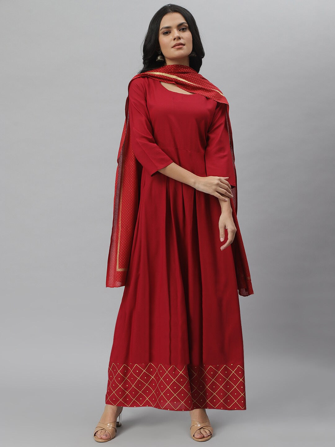 Gold Print Rayon Flared Kurta Dupatta Set (Maroon) (Pre-Order)