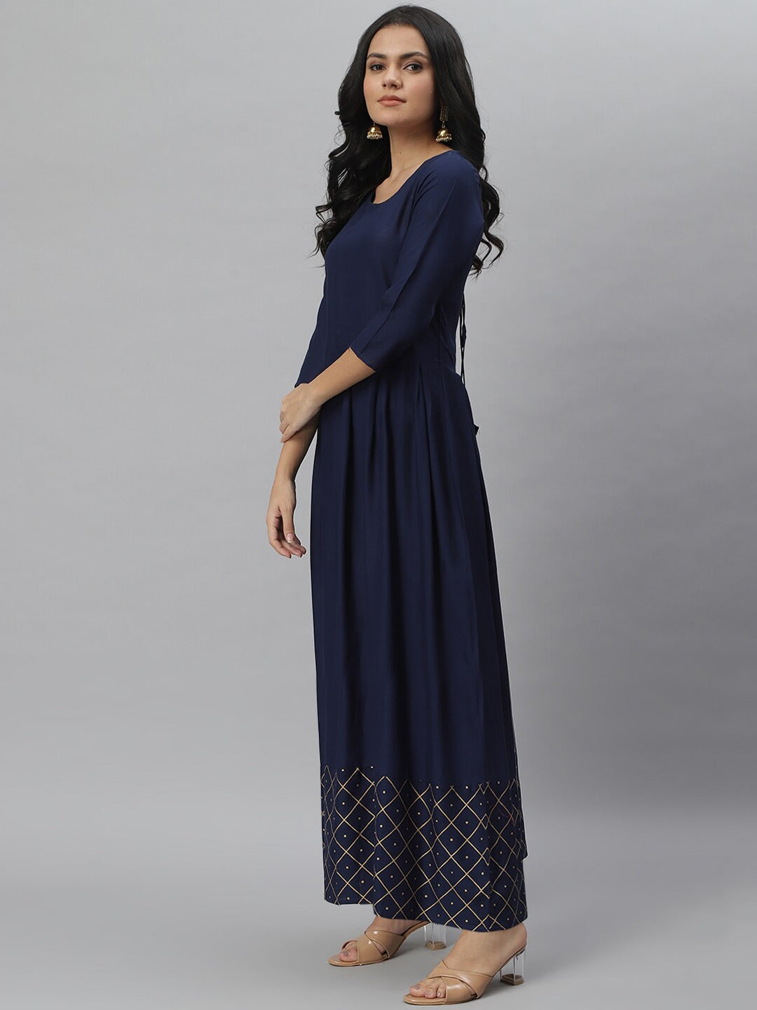 Gold Print Rayon Flared Kurta Dupatta Set (Navy Blue) (Pre-Order)