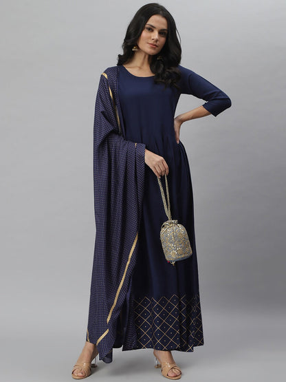 Gold Print Rayon Flared Kurta Dupatta Set (Navy Blue) (Pre-Order)