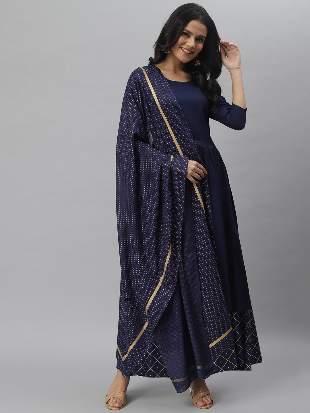 Gold Print Rayon Flared Kurta Dupatta Set (Navy Blue) (Pre-Order)