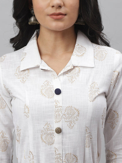 Gold Printed Rayon Shirt & Skirt Set (Off White,Blue) (Pre-Order)