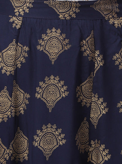 Gold Printed Rayon Shirt & Skirt Set (Off White,Blue) (Pre-Order)