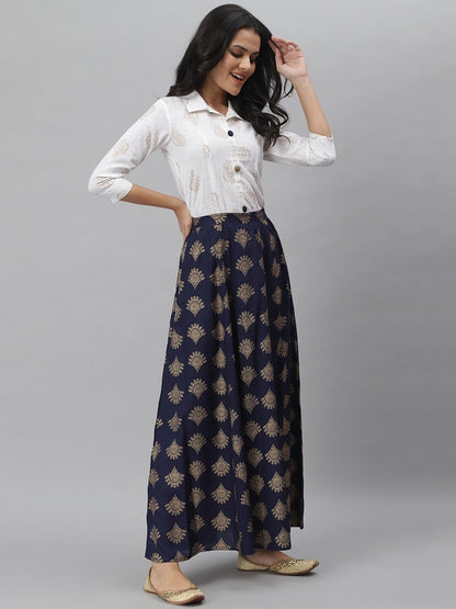 Gold Printed Rayon Shirt & Skirt Set (Off White,Blue) (Pre-Order)