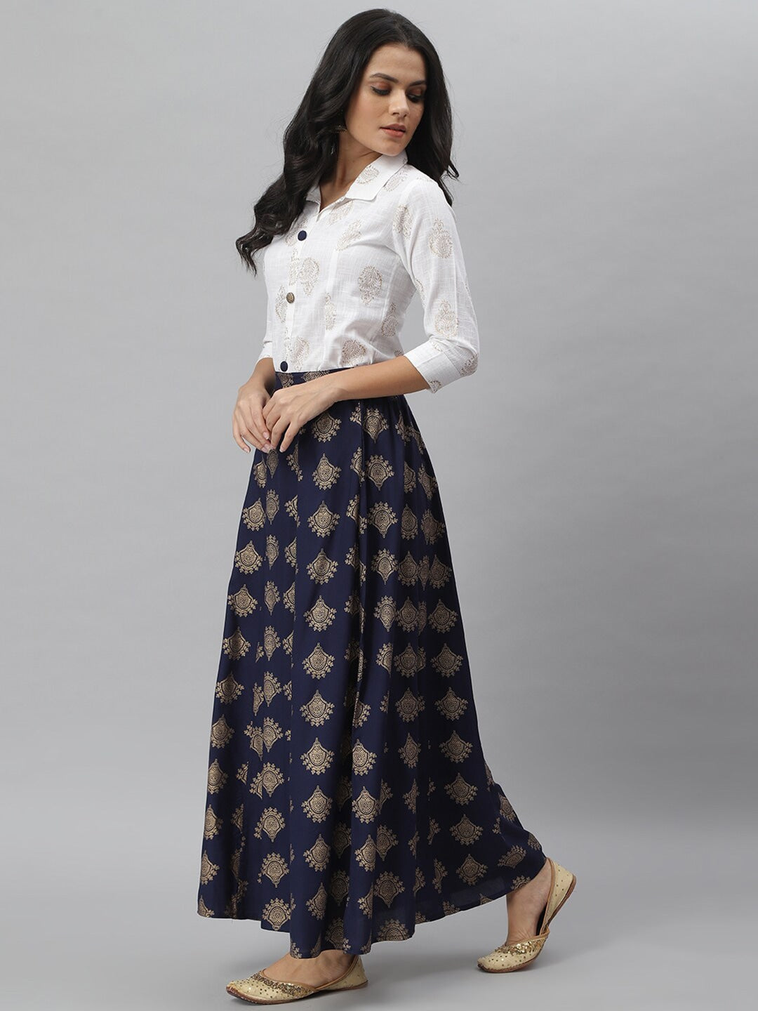 Gold Printed Rayon Shirt & Skirt Set (Off White,Blue) (Pre-Order)