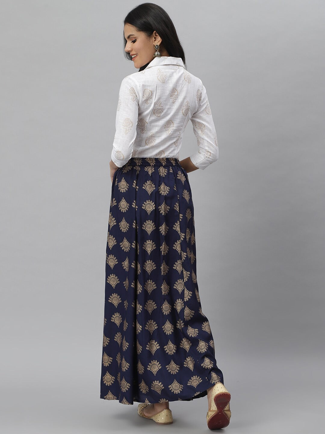 Gold Printed Rayon Shirt & Skirt Set (Off White,Blue) (Pre-Order)
