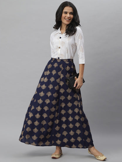 Gold Printed Rayon Shirt & Skirt Set (Off White,Blue) (Pre-Order)