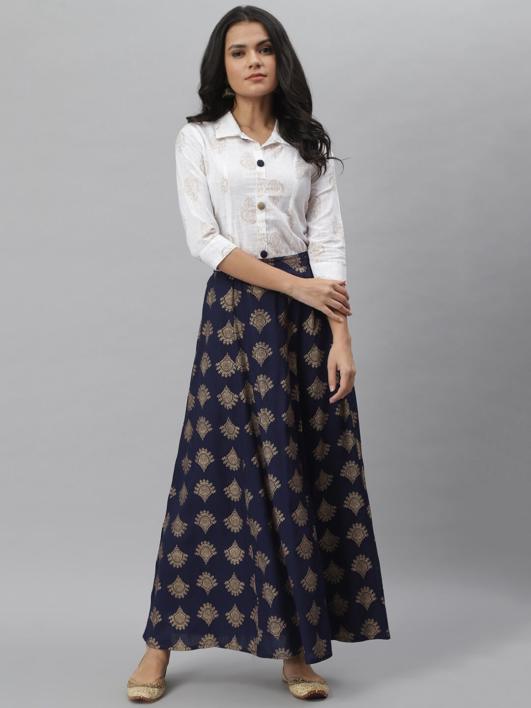 Gold Printed Rayon Shirt & Skirt Set (Off White,Blue) (Pre-Order)