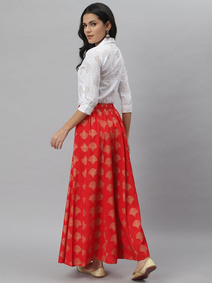 Gold Printed Rayon Shirt & Skirt Set (Off White,Red) (Pre-Order)