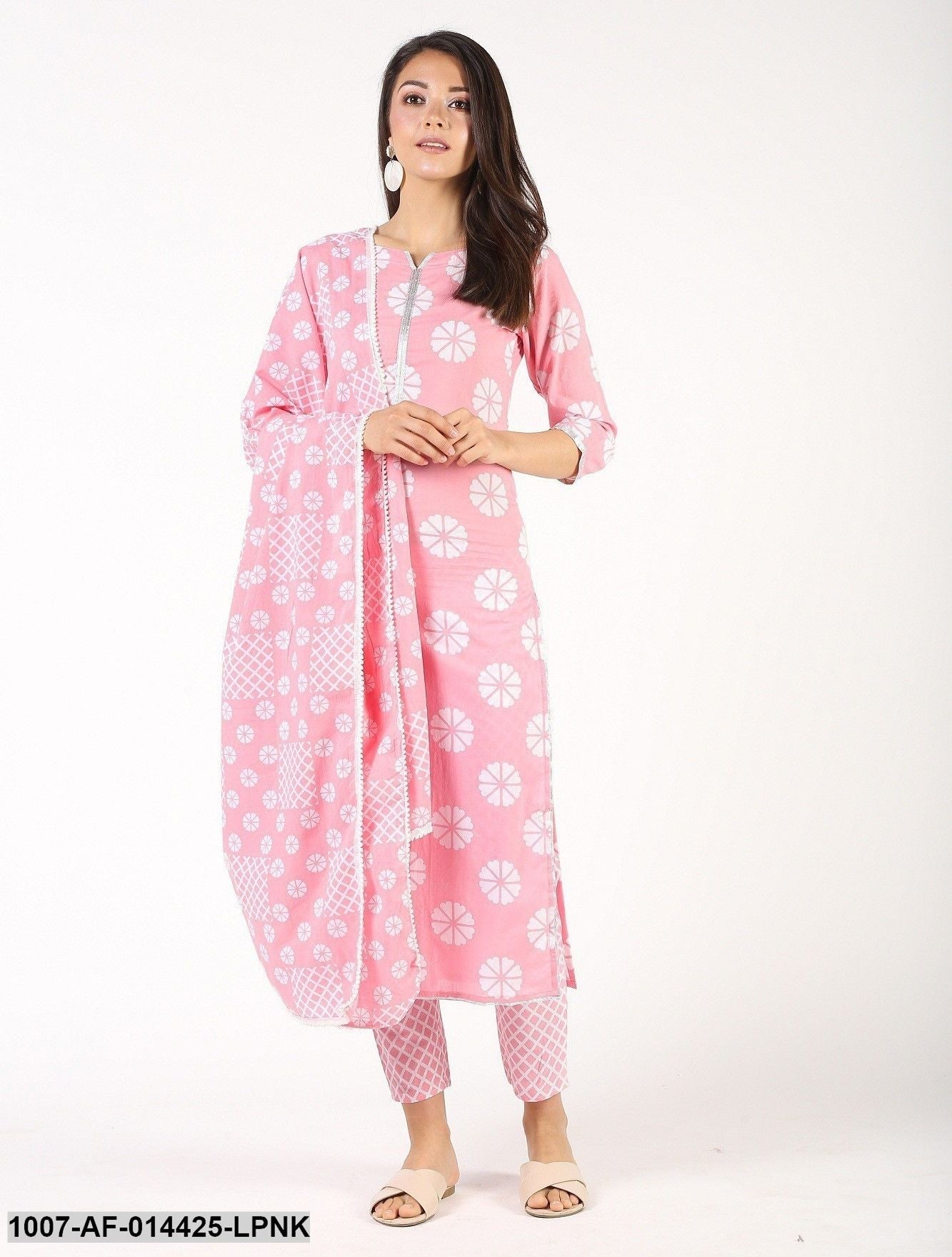 Checks Print Cotton Straight Kurta Pant and Dupatta Set (Pink) (Pre-Order)