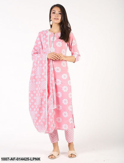 Checks Print Cotton Straight Kurta Pant and Dupatta Set (Pink) (Pre-Order)