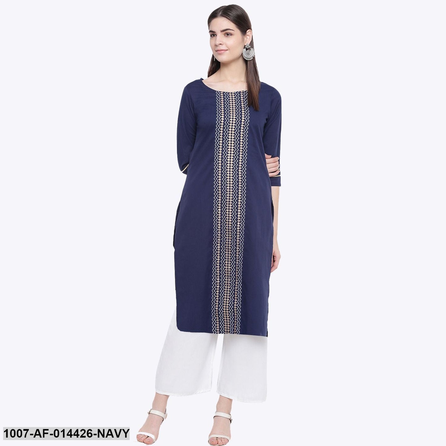 Gold Print Cotton Straight Kurta Palazzo Set (Navy Blue,White) (Pre-Order)