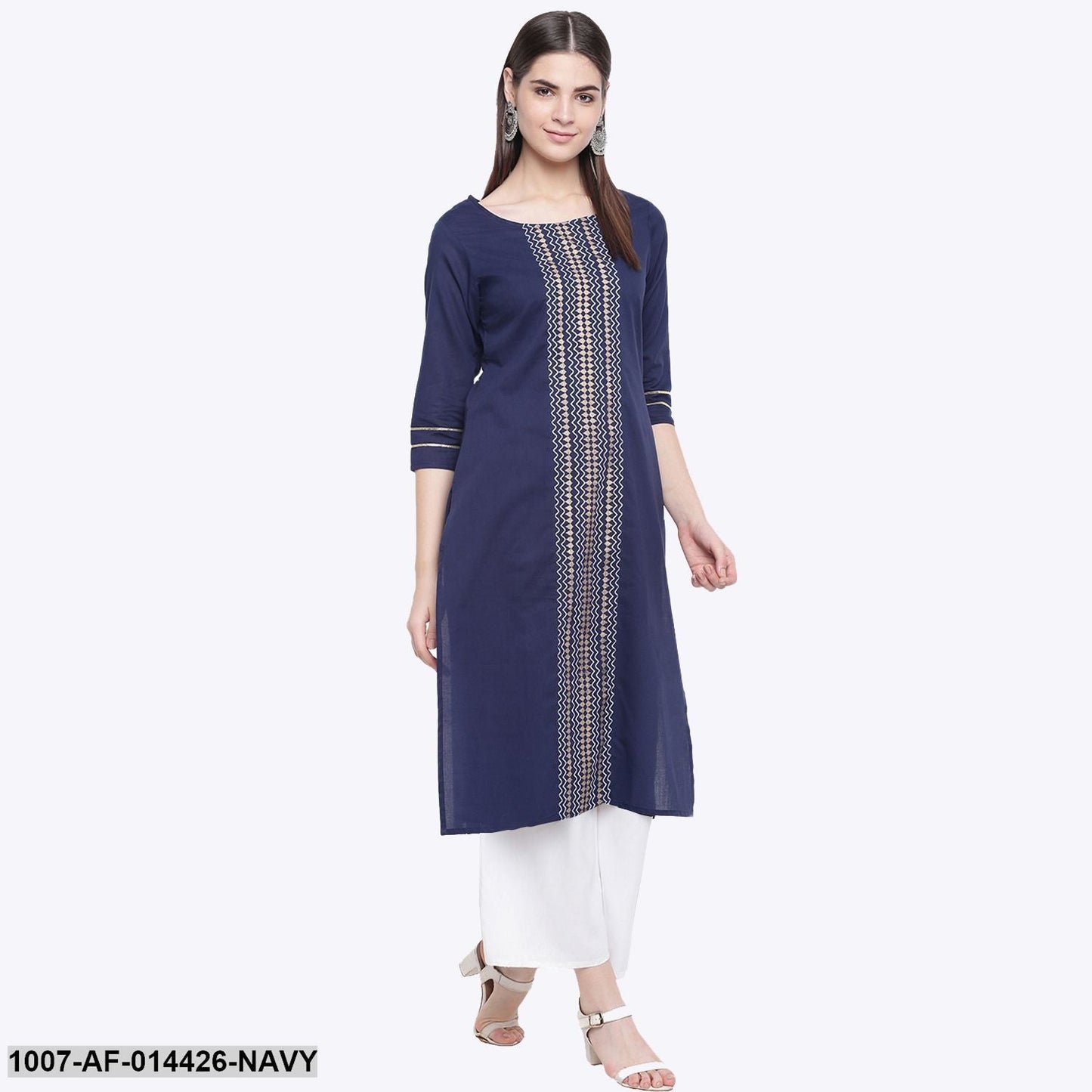 Gold Print Cotton Straight Kurta Palazzo Set (Navy Blue,White) (Pre-Order)