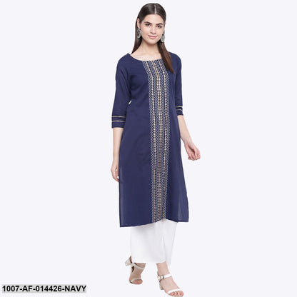 Gold Print Cotton Straight Kurta Palazzo Set (Navy Blue,White) (Pre-Order)