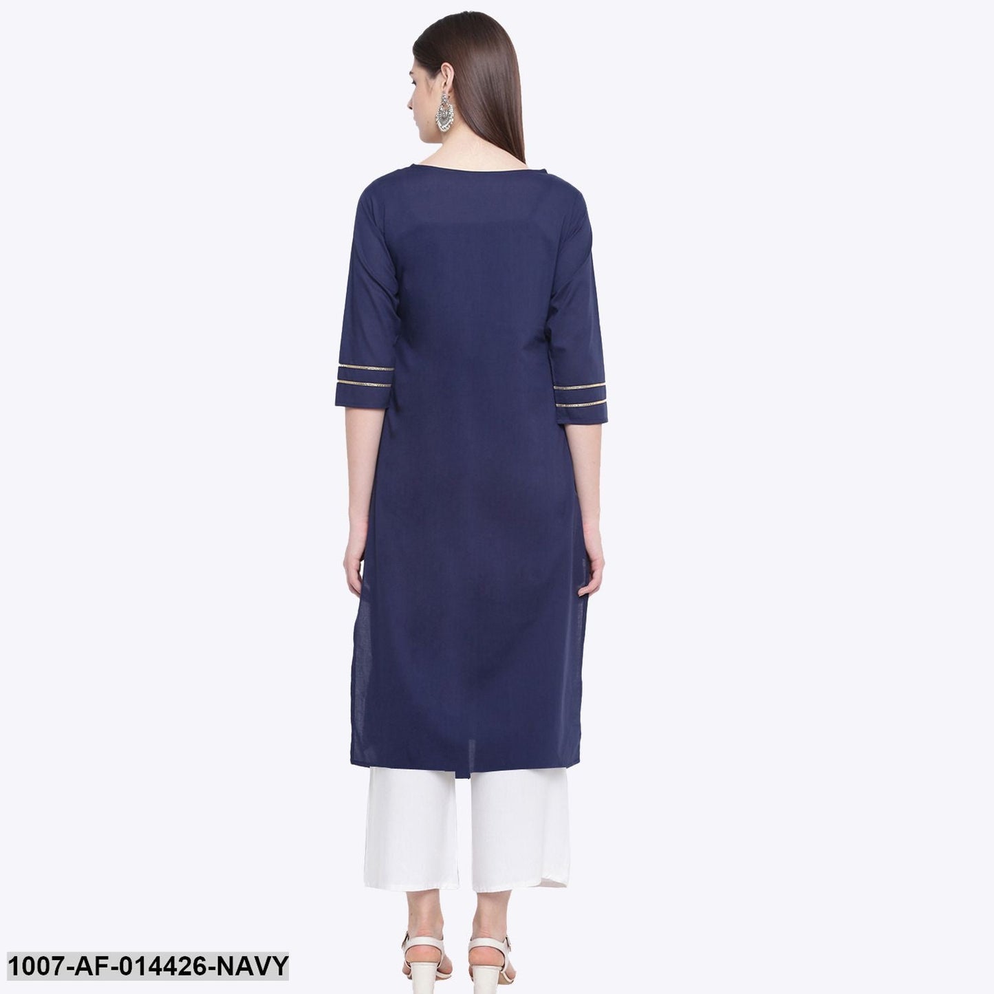 Gold Print Cotton Straight Kurta Palazzo Set (Navy Blue,White) (Pre-Order)