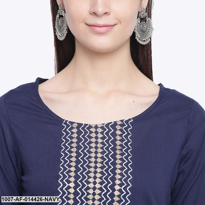 Gold Print Cotton Straight Kurta Palazzo Set (Navy Blue,White) (Pre-Order)