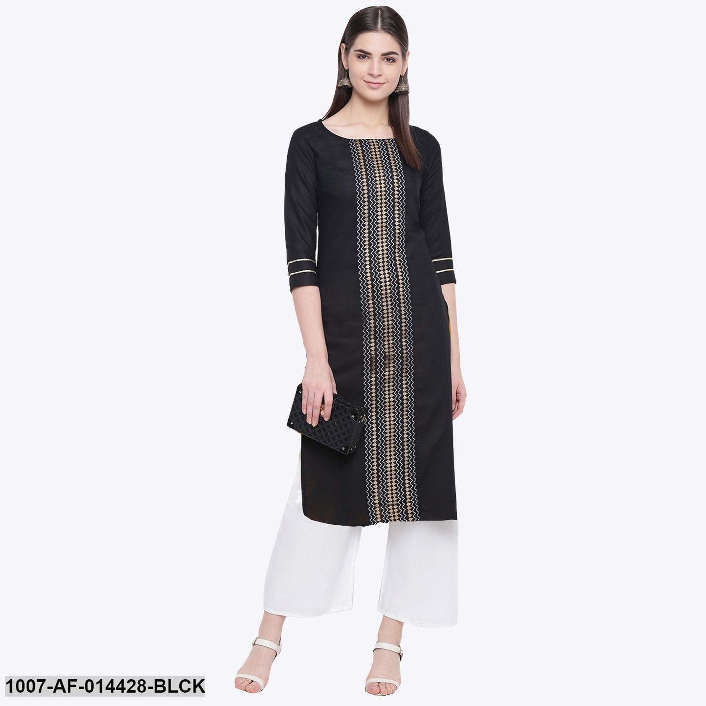 Gold Print Cotton Straight Kurta Palazzo Set (Black,White) (Pre-Order)