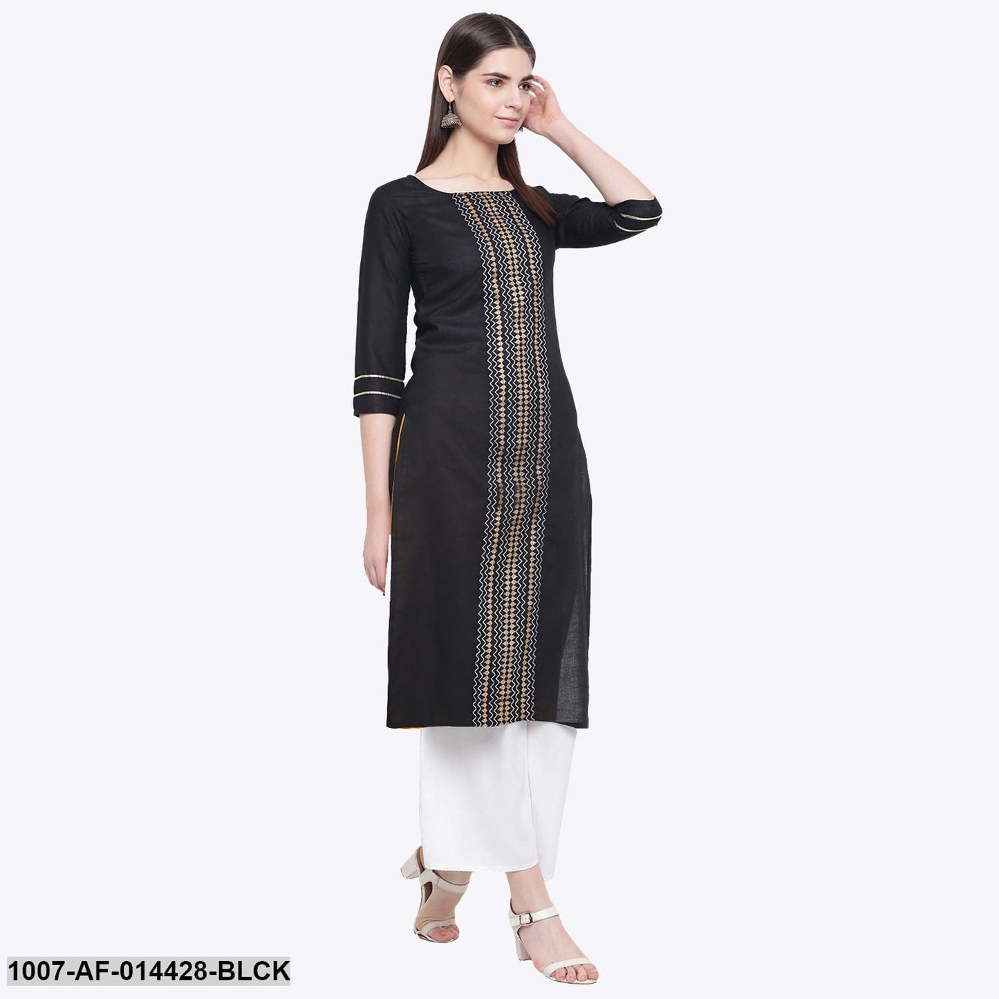 Gold Print Cotton Straight Kurta Palazzo Set (Black,White) (Pre-Order)