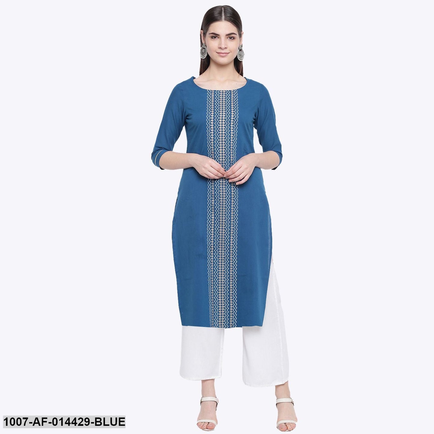 Gold Print Cotton Straight Kurta Palazzo Set (Blue,White) (Pre-Order)