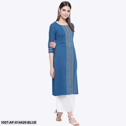 Gold Print Cotton Straight Kurta Palazzo Set (Blue,White) (Pre-Order)