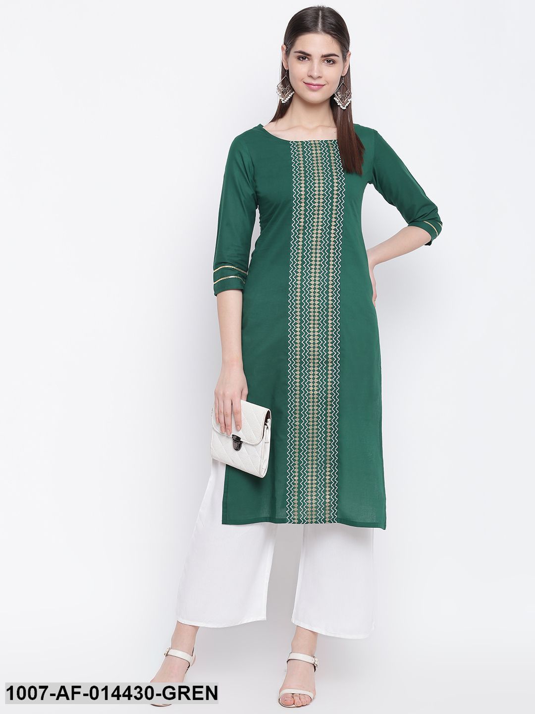 Gold Print Cotton Straight Kurta Palazzo Set (Dark Green,White) (Pre-Order)
