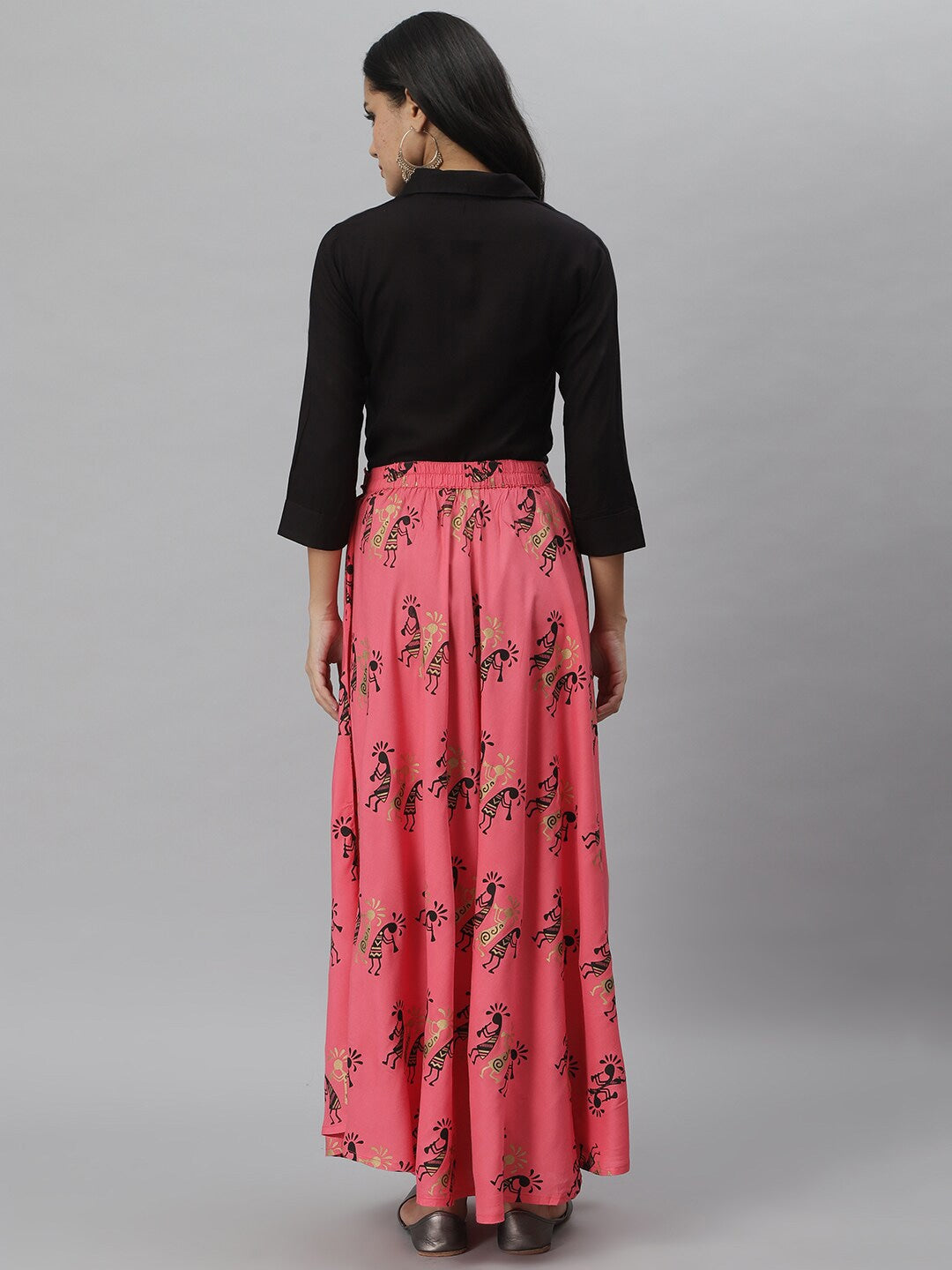 Gold Print Rayon Shirt & Skirt Set (Black,Pink) (Pre-Order)