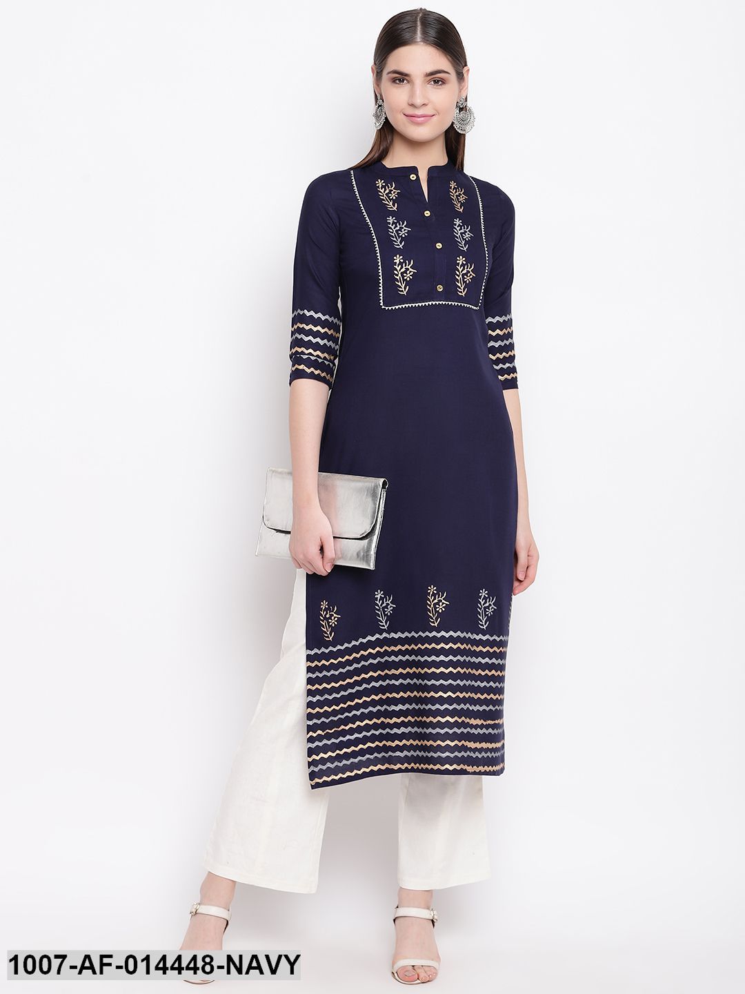 Hand Block Print Cotton Straight Kurta Pant Set (Navy Blue,White) (Pre-Order)