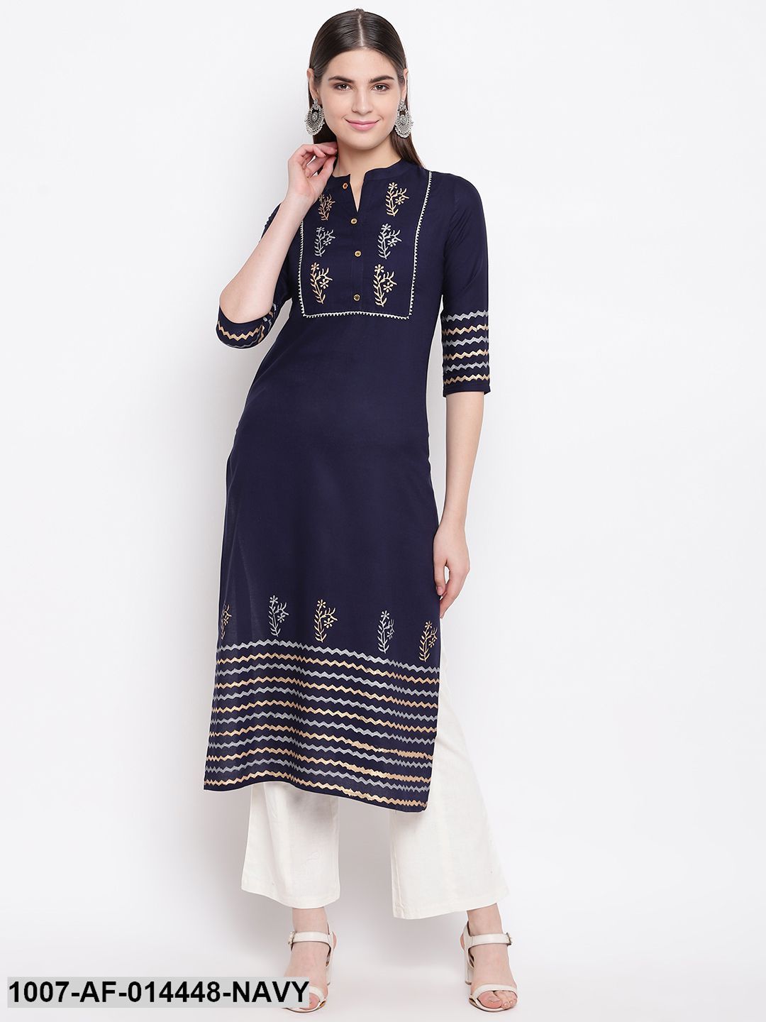 Hand Block Print Cotton Straight Kurta Pant Set (Navy Blue,White) (Pre-Order)