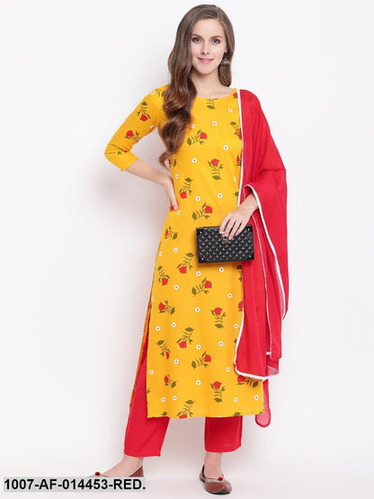Floral Print Rayon Straight Kurta Pant & Dupatta Set (Yellow,Red) (Pre-Order)